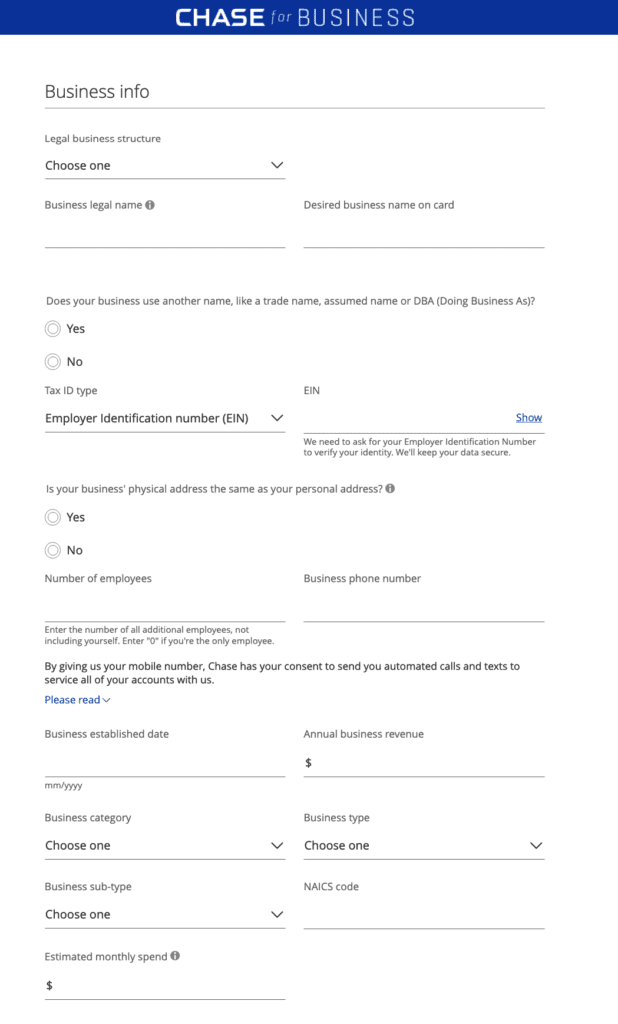Sample Business Information When Applying for the Chase Ink Card